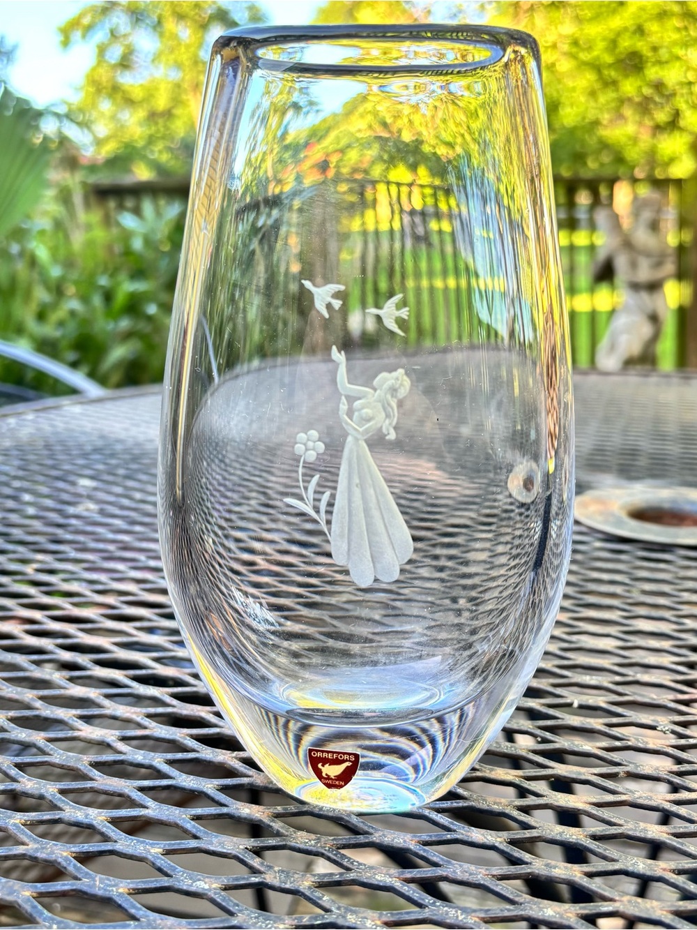 Orrefors Sweden Etched Crystal Vase with Girl & Birds